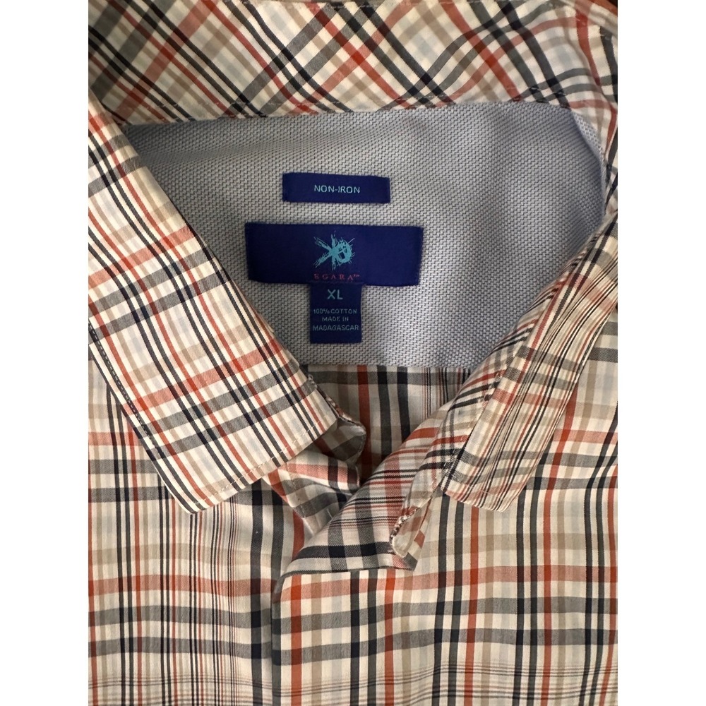 Egara Mens XL Non-Iron Button Down Shirt Plaid Orange Navy Blue Long Sleeve